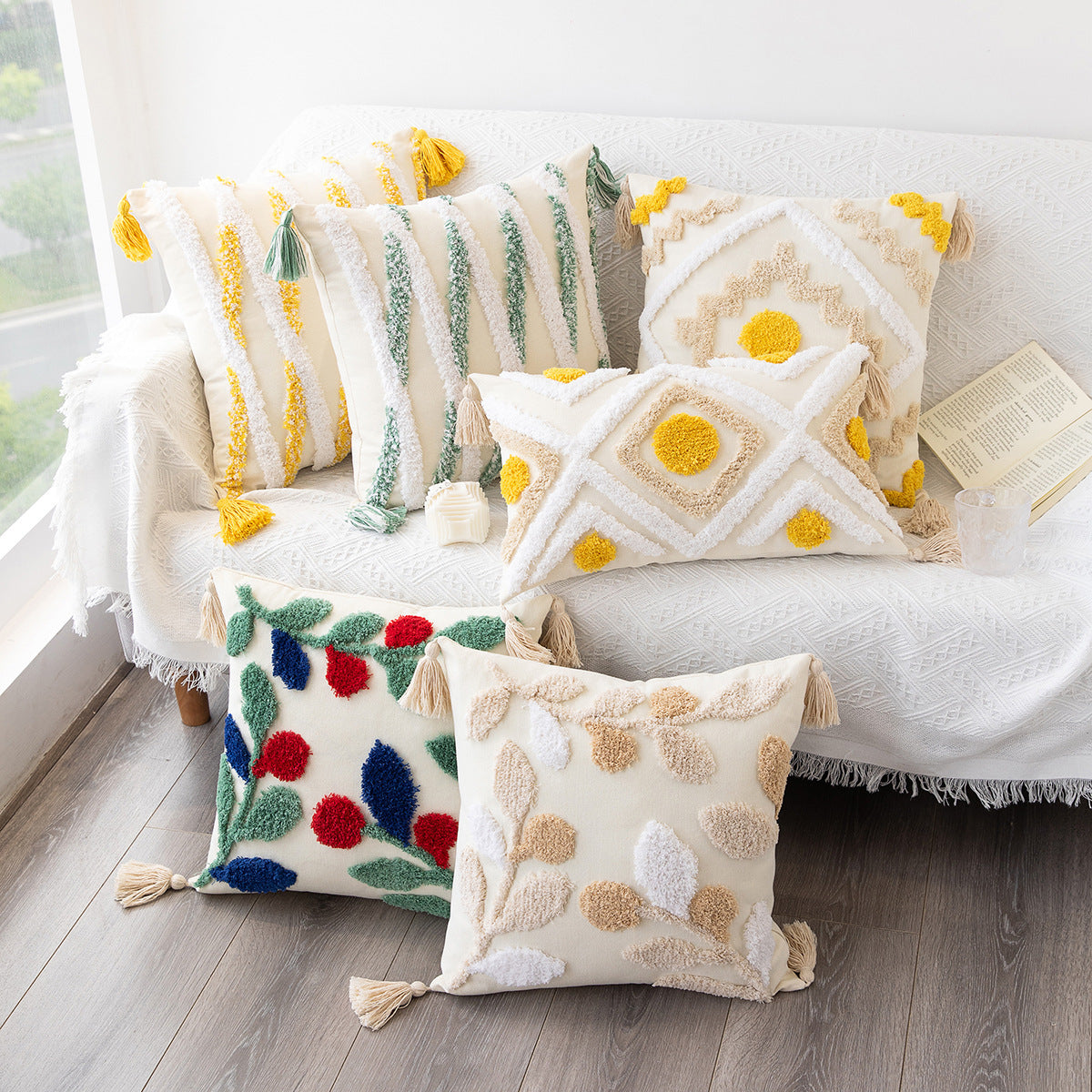 handcrafted boho tufted pillowcase

geometric tufted pillow for sofa

cozy living room pillow cover

boho farmhouse throw pillows

textured boho pillow cover

handmade cushion for home decor

neutral boho pillow for living room


